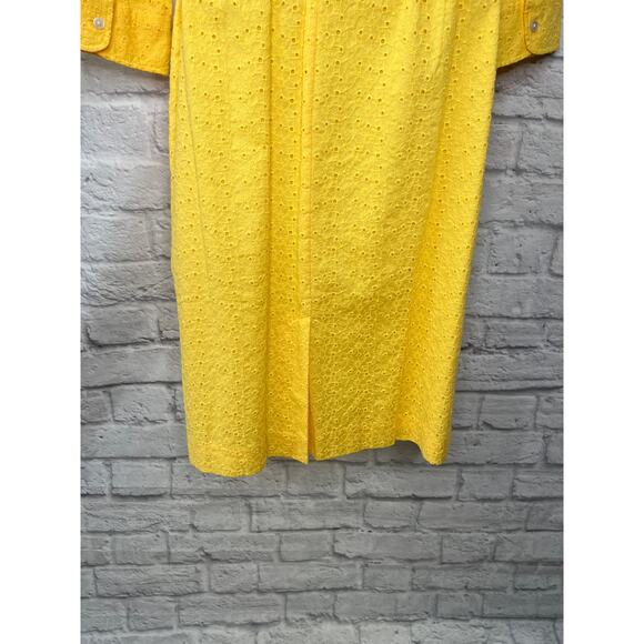 Talbots Yellow Eyelet Midi Shirt Dress Belt Size 8 3/4 Sleeves Button Front - Picture 5 of 8